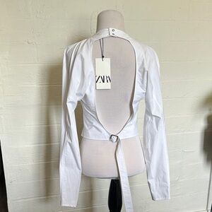 Zara White Long-Sleeve Open-Back Blouse